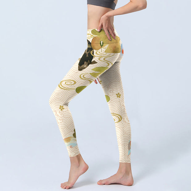 Buddha Stones Koi Fish Lotus Leaves Print Gym Leggings Women's Yoga Pants - image 3