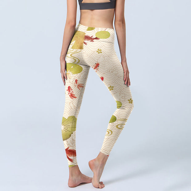 Buddha Stones Koi Fish Lotus Leaves Print Gym Leggings Women's Yoga Pants - image 4