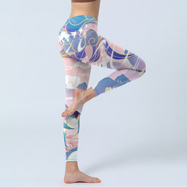 Buddha Stones Swallow Magpie Flower Mountain Auspicious Clouds Print Gym Leggings Women's Yoga Pants - image 5