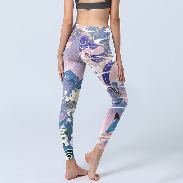 Buddha Stones Swallow Magpie Flower Mountain Auspicious Clouds Print Gym Leggings Women's Yoga Pants