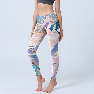 Buddha Stones Swallow Magpie Flower Mountain Auspicious Clouds Print Gym Leggings Women's Yoga Pants - Plum - US18，UK/AU22，EU50 (4XL) - image 1