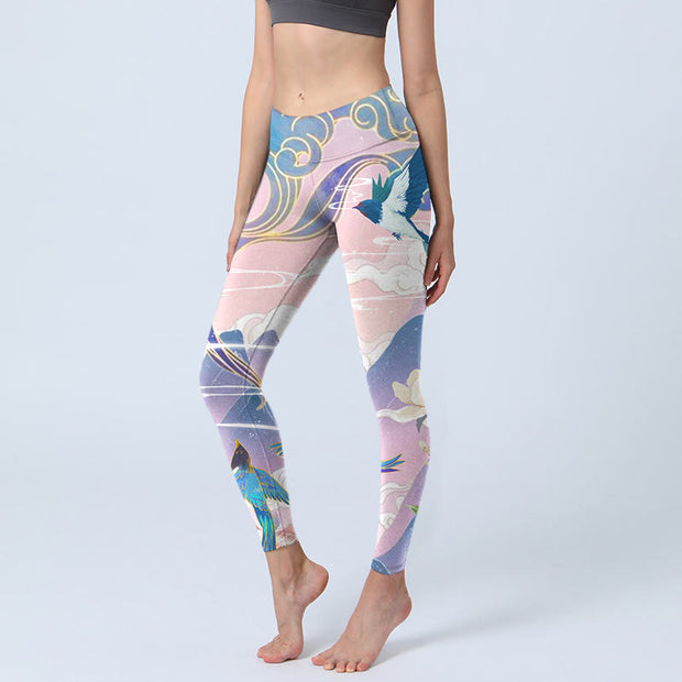 Buddha Stones Swallow Magpie Flower Mountain Auspicious Clouds Print Gym Leggings Women's Yoga Pants - Plum - US18，UK/AU22，EU50 (4XL) - image 1