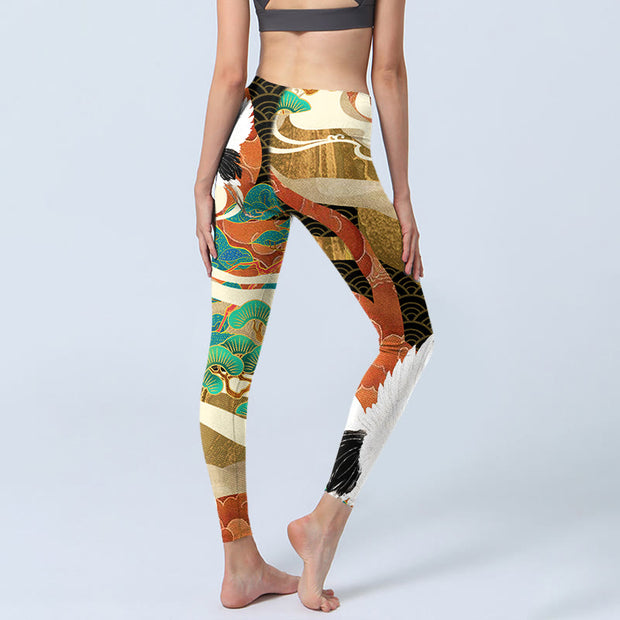 Buddha Stones Red-crowned Crane Auspicious Clouds Pine Tree Print Gym Leggings Women's Yoga Pants - image 4