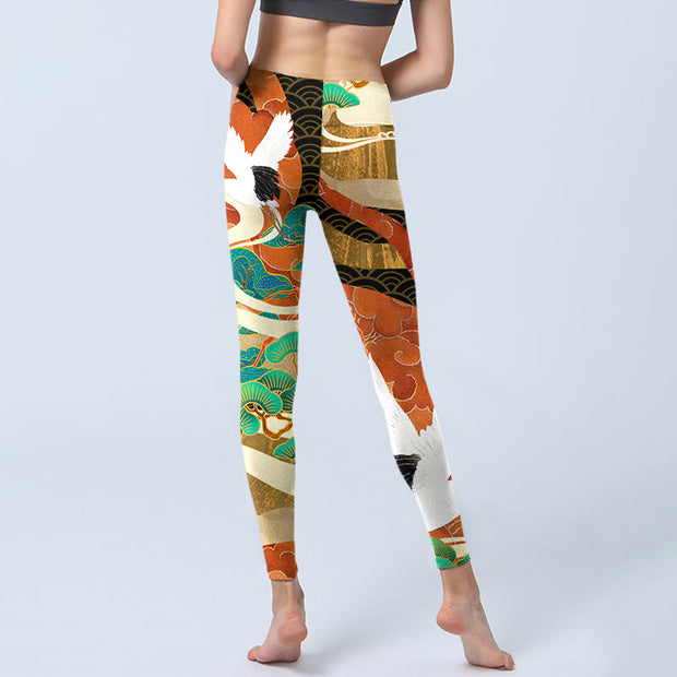 Buddha Stones Red-crowned Crane Auspicious Clouds Pine Tree Print Gym Leggings Women's Yoga Pants - image 7