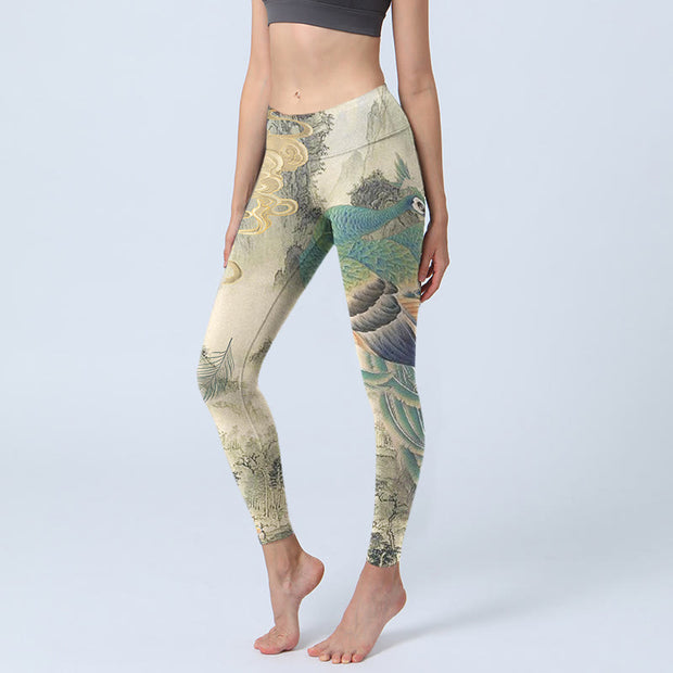 Buddha Stones Peacock Auspicious Clouds Mountain Flowers Print Gym Leggings Women's Yoga Pants - LightGrey - US18，UK/AU22，EU50 (4XL) - image 1