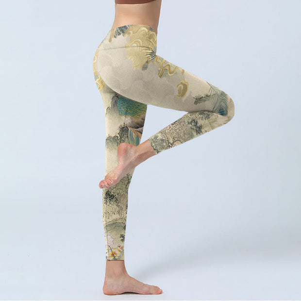 Buddha Stones Peacock Auspicious Clouds Mountain Flowers Print Gym Leggings Women's Yoga Pants - image 5