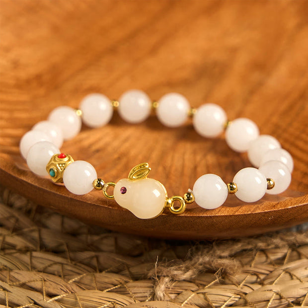 Buddha Stones Golden Silk Jade Cute Rabbit Luck Bracelet