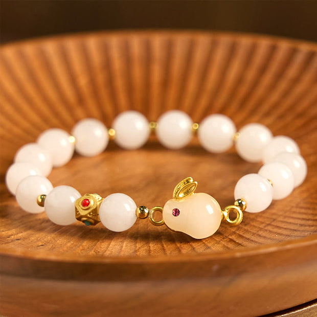 Buddha Stones Golden Silk Jade Cute Rabbit Luck Bracelet