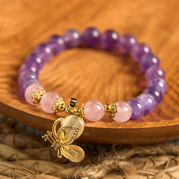 FREE Today: Communication and Healing Natural Amethyst Strawberry Quartz Crystal Butterfly Charm Bracelet