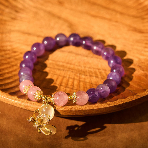 FREE Today: Communication and Healing Natural Amethyst Strawberry Quartz Crystal Butterfly Charm Bracelet