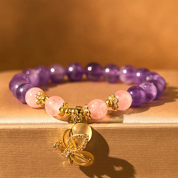 FREE Today: Communication and Healing Natural Amethyst Strawberry Quartz Crystal Butterfly Charm Bracelet