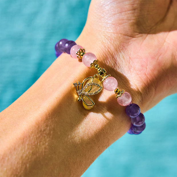 FREE Today: Communication and Healing Natural Amethyst Strawberry Quartz Crystal Butterfly Charm Bracelet