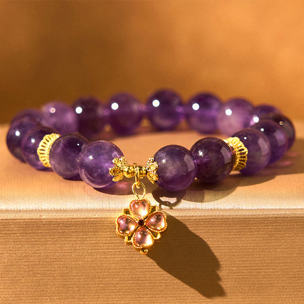 FREE Today: Healing and Positive Natural Amethyst Four Leaf Clover Charm Bracelet