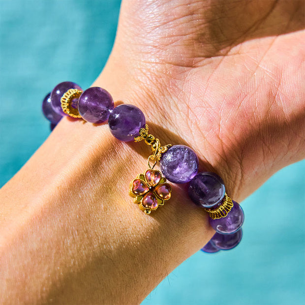 Buddha Stones Natural Amethyst Four Leaf Clover Charm Communication Bracelet