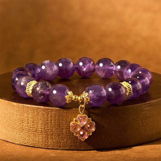 Buddha Stones Natural Amethyst Four Leaf Clover Charm Communication Bracelet