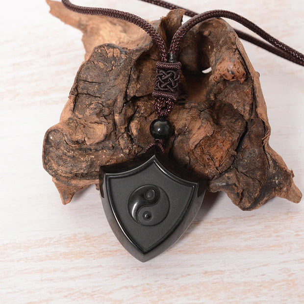 Buddha Stones Black Obsidian Shield Pattern Yin Yang Symbol Strength Necklace Pendant