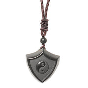 Buddha Stones Black Obsidian Shield Pattern Yin Yang Symbol Strength Necklace Pendant