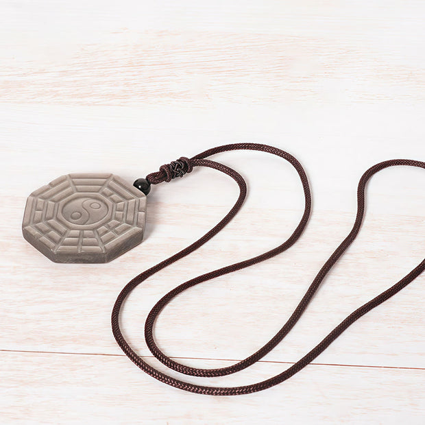 Buddha Stones Silver Sheen Obsidian Bagua Yin Yang Symbol Protection Necklace Pendant