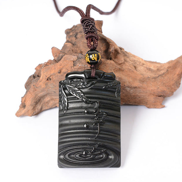 Buddha Stones Natural Black Obsidian Bamboo Fulfillment Necklace Pendant