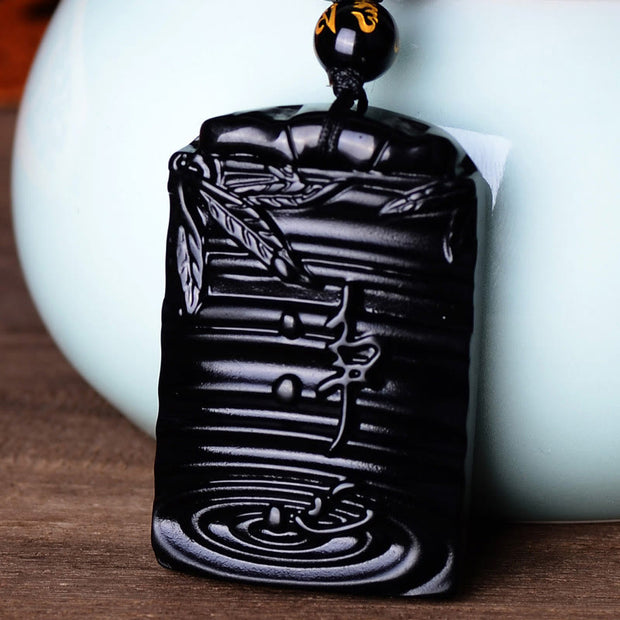 Buddha Stones Natural Black Obsidian Bamboo Fulfillment Necklace Pendant