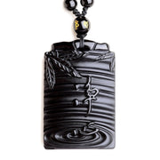 Buddha Stones Natural Black Obsidian Bamboo Fulfillment Necklace Pendant