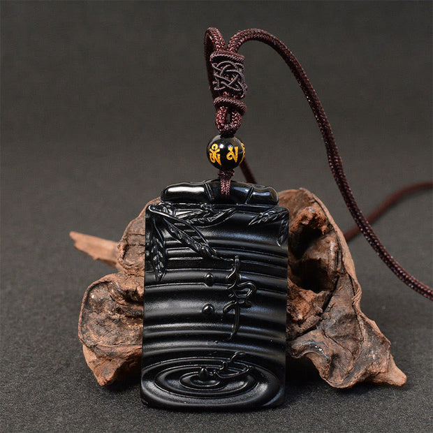 Buddha Stones Natural Black Obsidian Bamboo Fulfillment Necklace Pendant