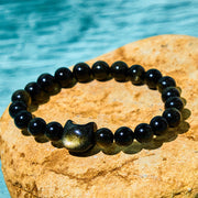 Buddha Stones Gold Sheen Obsidian Silver Sheen Obsidian Lovely Paw Lucky Cat Protection Bracelet