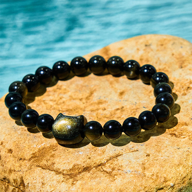 Buddha Stones Gold Sheen Obsidian Silver Sheen Obsidian Lovely Paw Lucky Cat Protection Bracelet