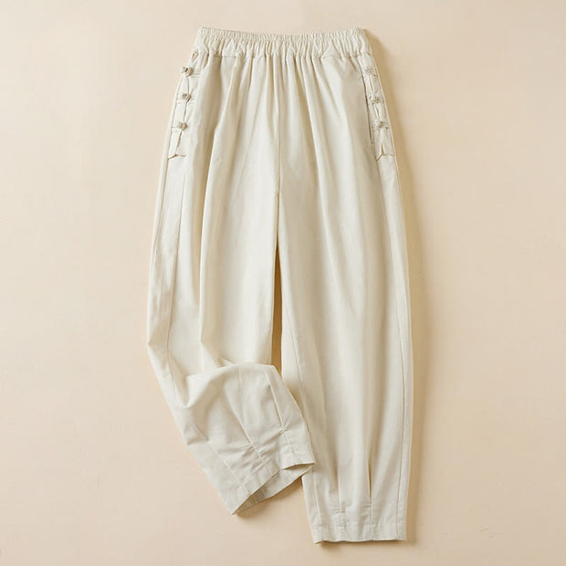 Buddha Stones Casual Plain Frog-Button 7-8 Length Cropped Pants Women's Cotton Linen Harem Pants With Pockets