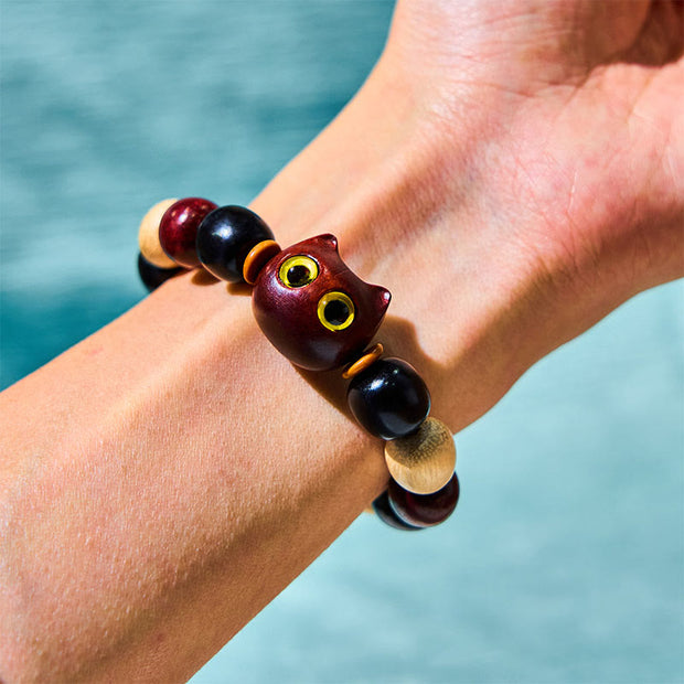 Buddha Stones Small Leaf Red Sandalwood Ebony Wood Cute Cat Engraved Protection Bracelet