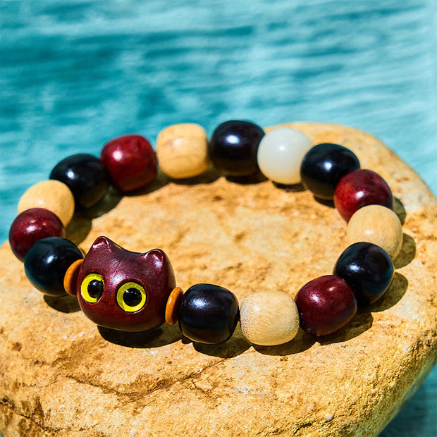 Buddha Stones Small Leaf Red Sandalwood Ebony Wood Cute Cat Engraved Protection Bracelet