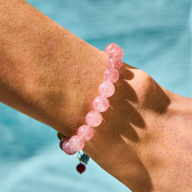 Buddha Stones Strawberry Quartz Jade Fu Character Charm Healing Bracelet