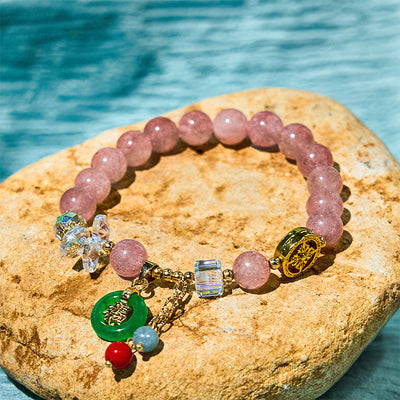 Buddha Stones Strawberry Quartz Jade Fu Character Charm Healing Bracelet