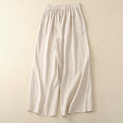 Buddha Stones Casual Plain High Waist Women's Cotton Linen Wide Leg Pants With Pockets