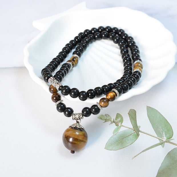 Buddha Stones Black Obsidian Tiger Eye Strengthen Necklace Pendant