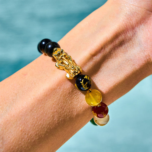 Buddha Stones Natural Gold Sheen Obsidian PiXiu Five Directions Gods of Wealth Protection Bracelet