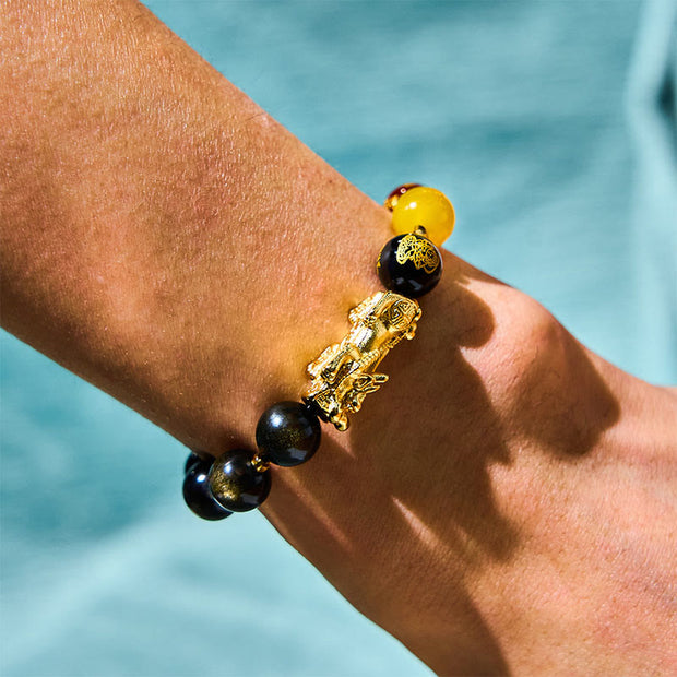 Buddha Stones Natural Gold Sheen Obsidian PiXiu Five Directions Gods of Wealth Protection Bracelet