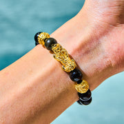 Buddha Stones Natural Gold Sheen Obsidian PiXiu Om Mani Padme Hum Wealth Bracelet