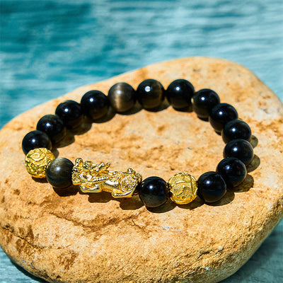 Buddha Stones Natural Gold Sheen Obsidian PiXiu Om Mani Padme Hum Wealth Bracelet