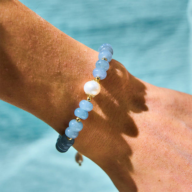 Buddha Stones Natural Aquamarine Pearl Shell Healing Bead Bracelet