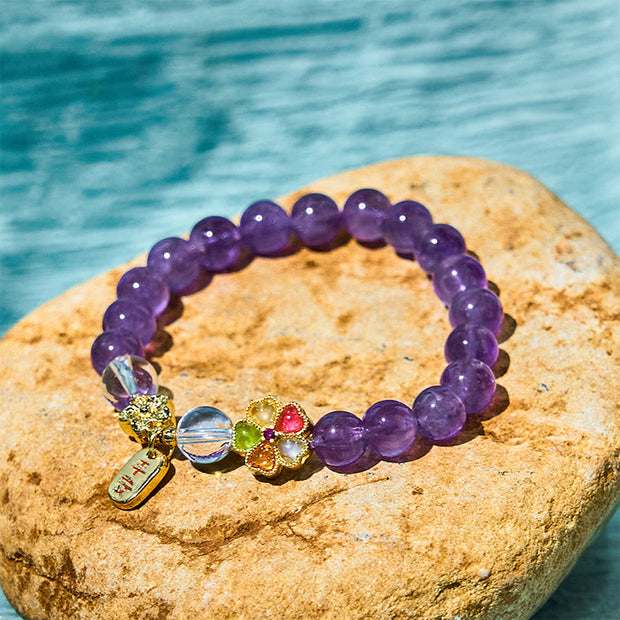 Buddha Stones Natural Amethyst White Crystal Flower Healing Safe And Well Charm Bracelet