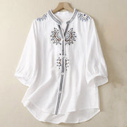 Buddha Stones Casual Women's Bohemia Embroidery Flowers V-Neck Design Half Sleeve Cotton Linen Shirt