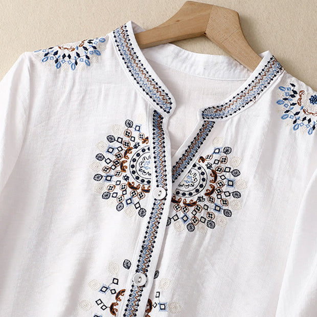 Buddha Stones Casual Women's Bohemia Embroidery Flowers V-Neck Design Half Sleeve Cotton Linen Shirt