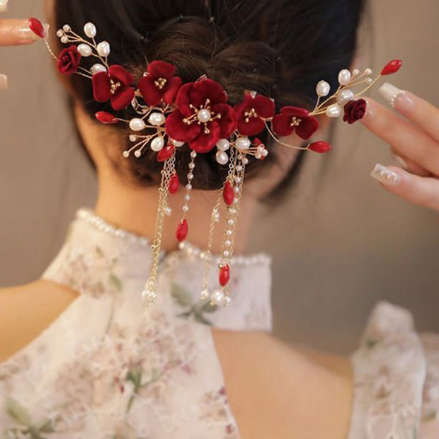 Buddha Stones Chinese Oriental Wedding Bridal Red Rose Hair Clip