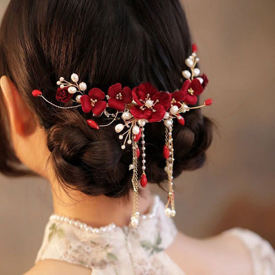 Buddha Stones Chinese Oriental Wedding Bridal Red Rose Hair Clip