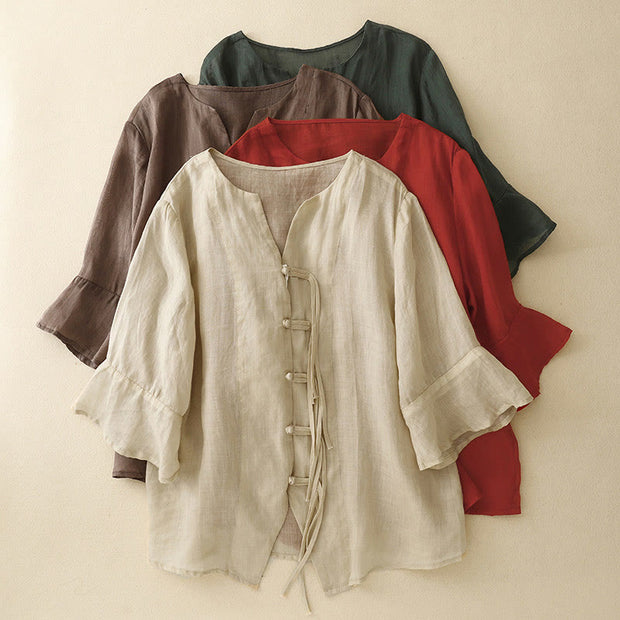 Buddha Stones Casual Women's V-Neck Design Half Bell Sleeve Cotton Linen Cardigan Shirt