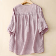 Buddha Stones Casual Plain Loose Women's V-Neck Design Half Sleeve Cotton Linen Shirt