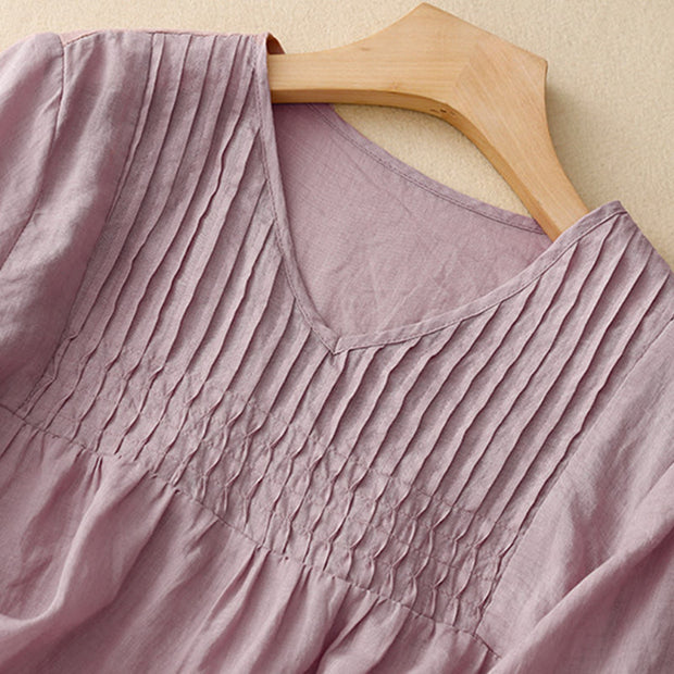 Buddha Stones Casual Plain Loose Women's V-Neck Design Half Sleeve Cotton Shirt - image 11