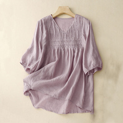 Buddha Stones Casual Plain Loose Women's V-Neck Design Half Sleeve Cotton Shirt