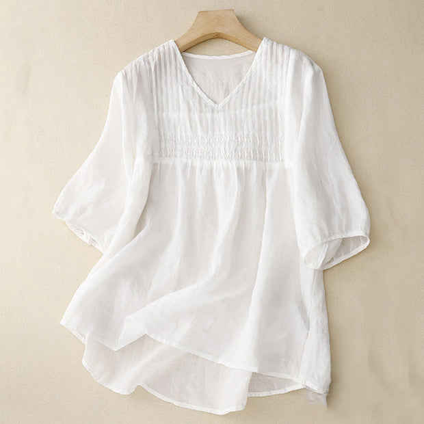 Buddha Stones Casual Plain Loose Women's V-Neck Design Half Sleeve Cotton Shirt - White - US8-10，UK/AU12-14，EU40-42 (2XL) - image 12